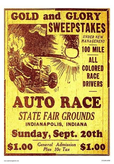 Gold and Glory Sweepstakes poster advertising 100 miles, all colored race drivers, State Fair Grounds