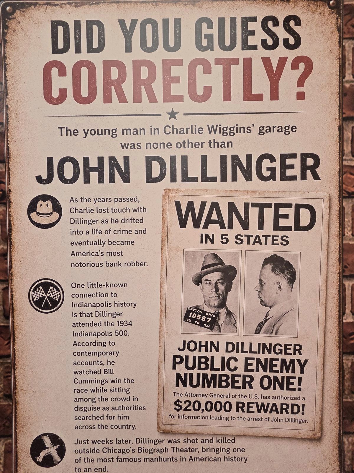 LeMay exhibit panel revealing John Dillinger as the young man from Charlie Wiggins’ garage