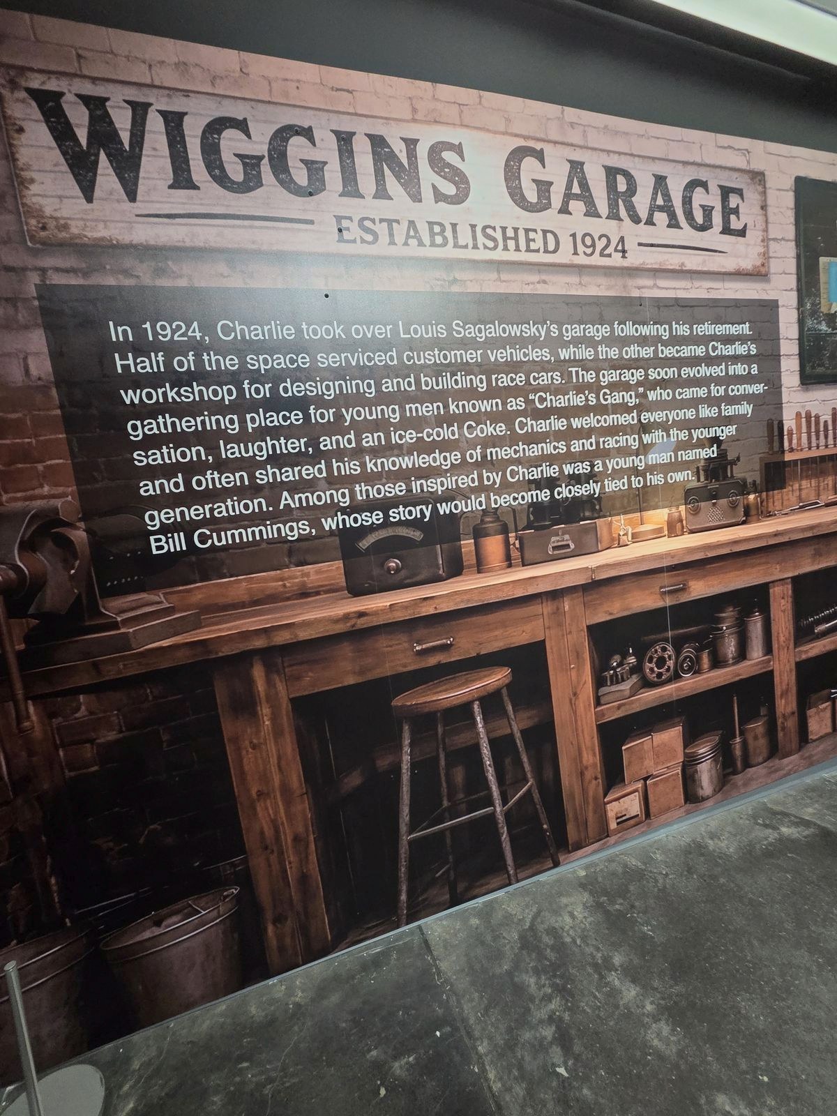 Wiggins Garage sign recreated in the LeMay exhibition