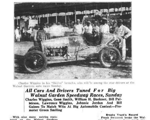 Newspaper clipping: Charlie Wiggins in his car ahead of the Walnut Gardens Speedway races.