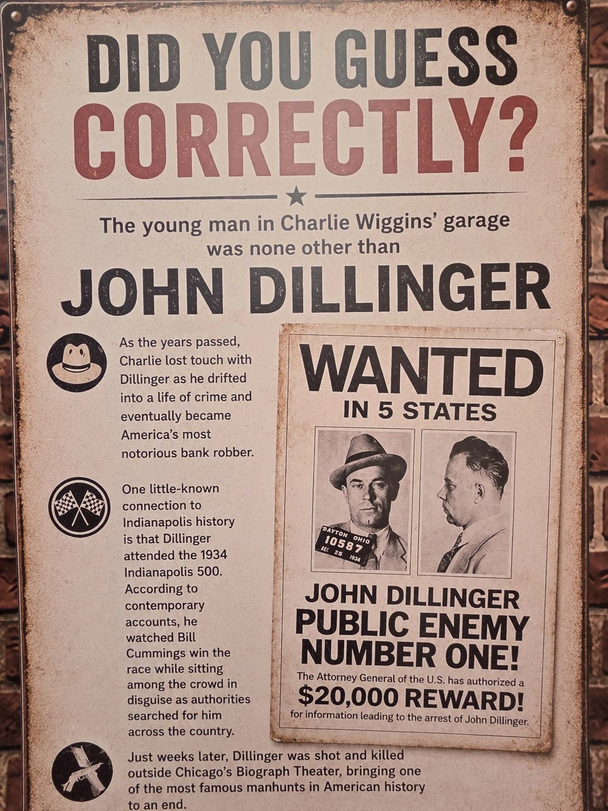LeMay exhibit panel revealing John Dillinger as the young man in Charlie Wiggins’ garage