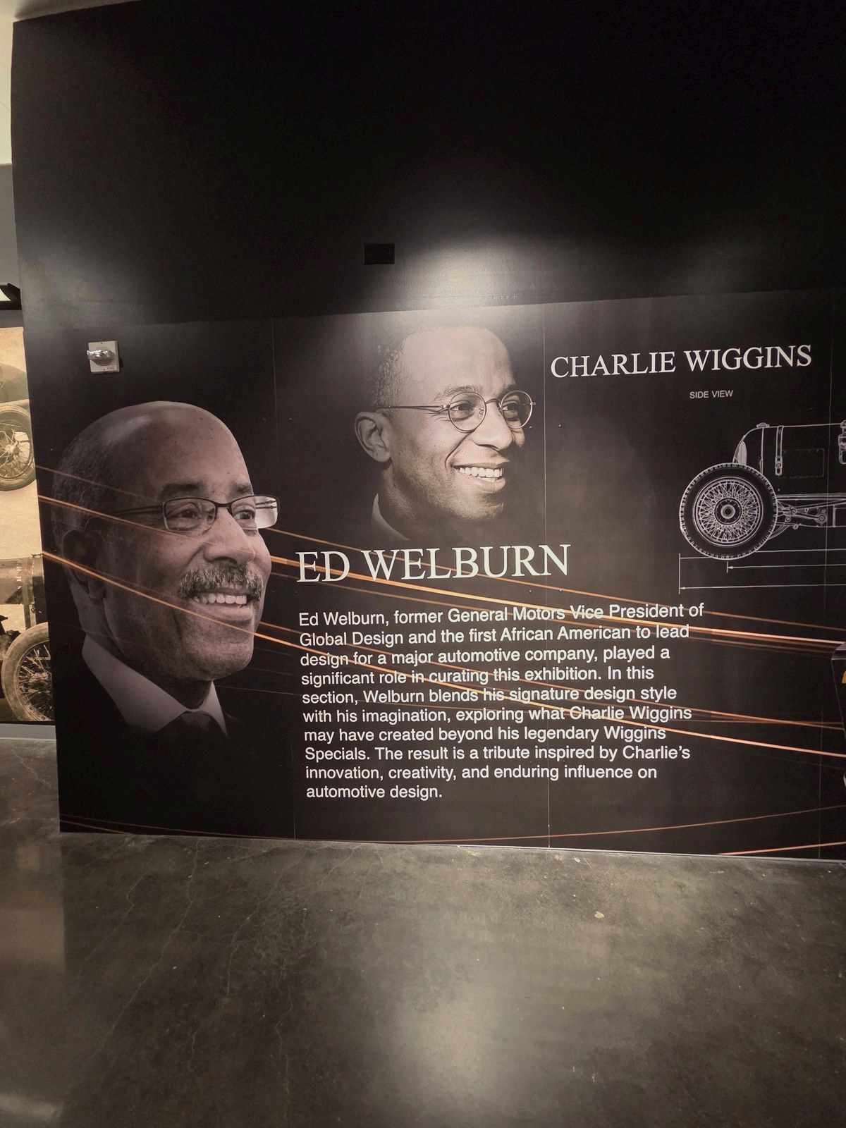 LeMay exhibit panel about Ed Welburn and his tribute to Charlie Wiggins