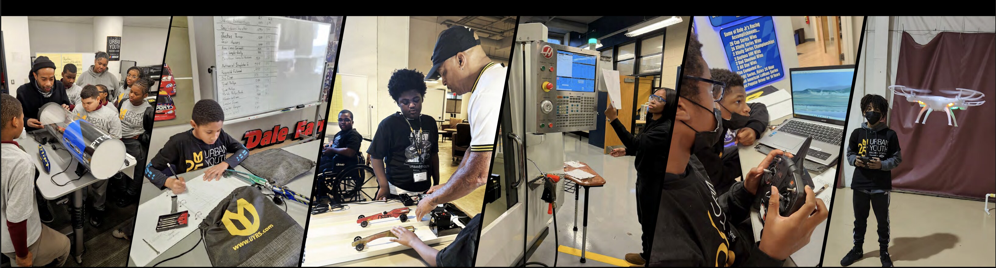 Collage of UYRS students engaged in STEM activities including engineering, CNC machining, and drone piloting
